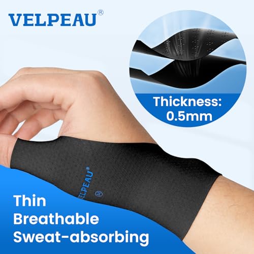 Image of VELPEAU Thumb and Wrist Compression Sleeve for Tendonitis (Pack of 2), Seamless Technology, Gloves Wraps for Arthritis Pain Relief for Women & Men, Splint Liner, Fits Both Hands (Black, Long Version, S)