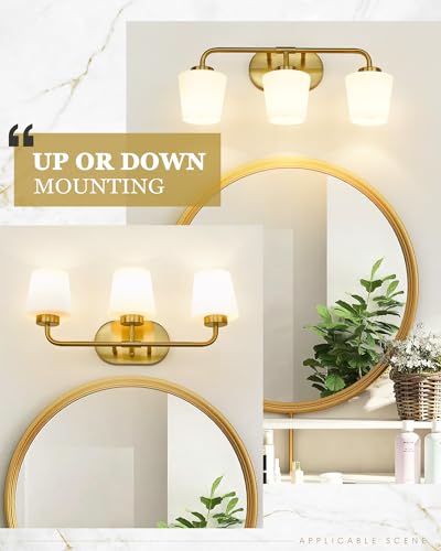 Image of Brushed Gold Bathroom Vanity Light, Farmhouse Brass Sconces Wall Lighting with Milk White Glass, 3-Light Bathroom Light Fixture Over Mirror, AD-22004-3W-GD