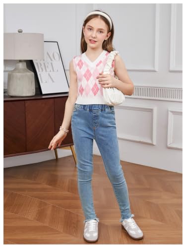 Image of OYOANGLE Girl's Argyle Plaid V Neck Sweater Vest Sleeveless Preppy Casual Pullover Knitted Tank Tops