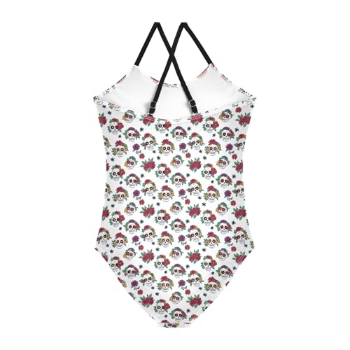 senya Girls Swimsuits One-Piece Swimwear Tie Bathing Suit Beach Summer Round Neck 7-8T Skull Flower Pattern2