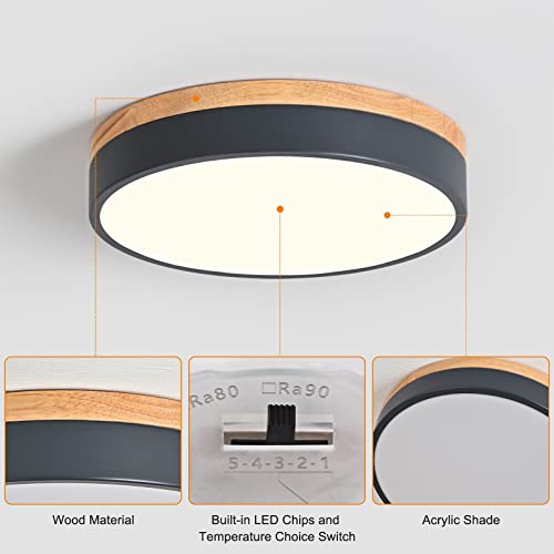 Yasince Dimmable Wood Led Flush Mount Ceiling Light, 2700K-6000K Selectable Modern Round Close To Ceiling Lighting Fixtures, Minimalist Grey Ceiling Lamp For Bedroom, Kitchen, Hallway, Laundry Room #TOP4