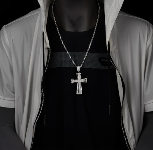 Mens Womens EXTRA LARGE Steel Cross Pendant Necklace with Cubic Zirconia and Wheat Chain2