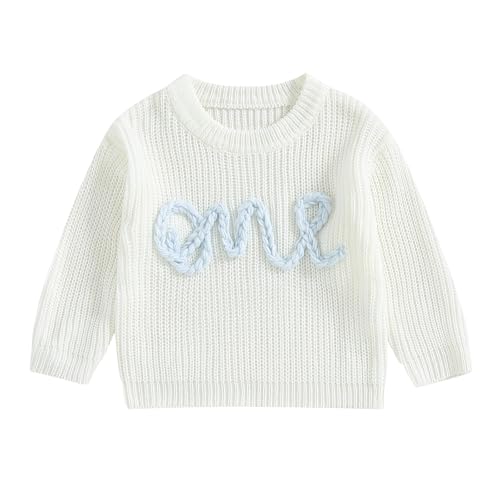 Image of Newborn Baby Girl Warm Clothes Long Sleeve Knit Sweater Knitted Pullover Jumper Top Sweatshirt Letters Embroidery Chunky Knitwear Toddler Infant Girls Fall Winter Outfits (White, 12-18 Months)