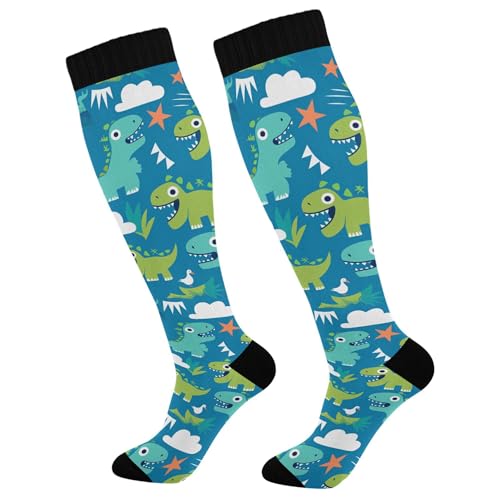 JUNZAN Blue Dino Compression Socks for Women & Men Circulation Long Socks for Running Cycling Athletic Nurse