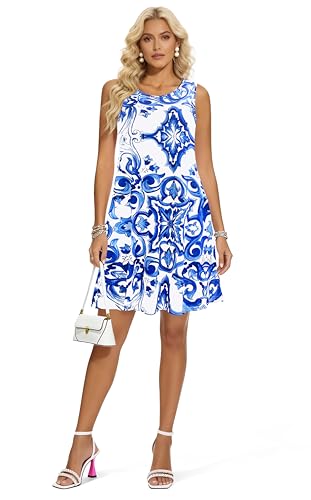 Image of Summer Dresses for Women 2026 Casual Sundresses Beach Cover Ups Sleeveless Tshirt Swing Dress with Pockets