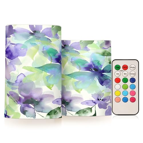 ALAZA Seamless Floral Pattern in Purple Flickering Flameless Candles Battery Operated with Remote Timer,Tea Light Candles LED Pillar Votive Candles Set of 2 for Outdoor Indoor Decorations