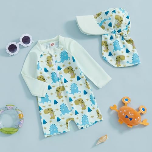 Toddler Baby Boy Swimsuit Long Sleeve Zipper One Piece Bathing Suit Rash Guard Sun Protection Swimwear with Hat3