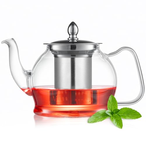 Brew To A Tea 850ml/28.74oz Infuser Tea Pot, Clear Glass Teapot with Infuser, Heat-Resistant Borosilicate Glass Tea Pot with Infuser