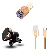 Kfz-Set für Huawei P30 Lite XL (Ladekabel aus Metall Typ C + Doppel-Adapter für Zigarettenanzünder + magnetische Halterung) (Gold)