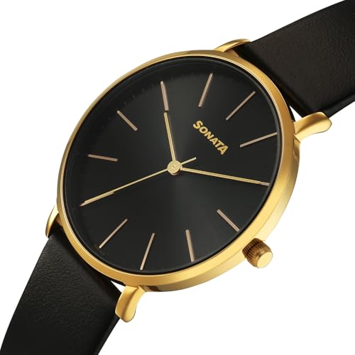 Image of Sonata Traditional Essentials Quartz Black Round Dial Men's Watch | Analog Watch | Watches for Men Analog - 77150YL02W