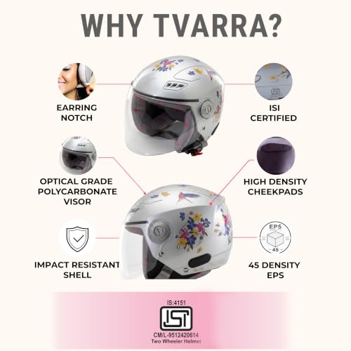 Image of TVARRA Blossom ISI Certified Women's Open Face Helmet Designer Helmet, Lightweight and Rainproof, Crafted for Women, Extreme Comfort Fit with Clear Visor (Indigo Bloom, S /M: (55-56) cm)
