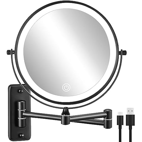 DECLUTTR Rechargeable Wall Mounted Lighted Makeup Mirror, 8 inch 10X Magnifying Mirror with 3 Color Lights, Dimmable Touch Screen Makeup Mirror with Lights for Bathroom, Black Cover