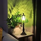 MQYXH Small Tiffany Table Lamp Grass Green Rippled Stained Glass Desk Lamps 6X6X14 Inch Bronze Resin Base Antique Mini Accent Light