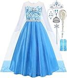 iTVTi Elsa Costume for Toddler Girls Snow Princess Dress Blue Halloween Cosplay Dress Up Outfits with Wig, Blue, 4-5 Years (Label 120)