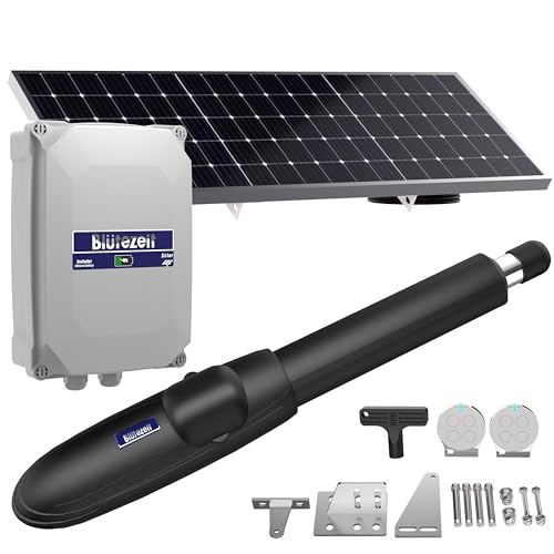 Image of Blutezeit Solar Swing Gate Opener, 880lb Single-Arm Operator with Built-in 24V Lithium Battery & 25W Solar Panel, Integrated Control Box for Easy Install, Smart Auto Setting, 2 Remotes & Complete Kits