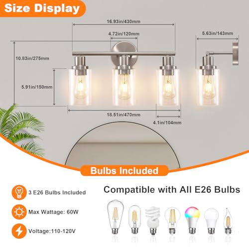 Image of DLLT 3-Light Bathroom Light Fixtures: Nickel Modern Vanity Lights with E26 Bulbs - Clear Glass Shade Bathroom Wall Lamp for Mirror Kitchen Living Room Hallway Cabinet Porch
