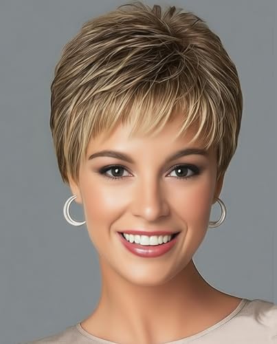 SEVENCOLORS Short Dark Brown Mixed Blonde Pixie Cut Wigs for Women Synthetic Layered Highlight Wigs with Bangs Natural Hair Replacement Wig