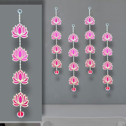 Image of Rajasthan Kraft Pink Lotus Long Hanging Decoration with Red Moti Topi | Pack of 4 (21 x 3 Inch) | Elegant Wall & Door Decor for Diwali, Navratri & Pooja(RK-36501-4).