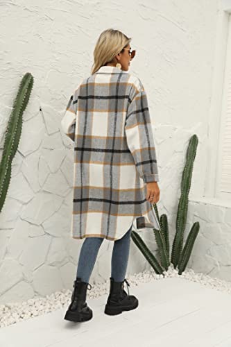 SeekMe Women's Oversized Flannel Plaid Shacket Jacket Flap Pocket Lapel Button Down Long Shirt Jackets4