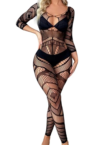 Eagerlove Netz Bodystocking Women Fishnet Mesh Bodysuit Jumpsuit Schwarz