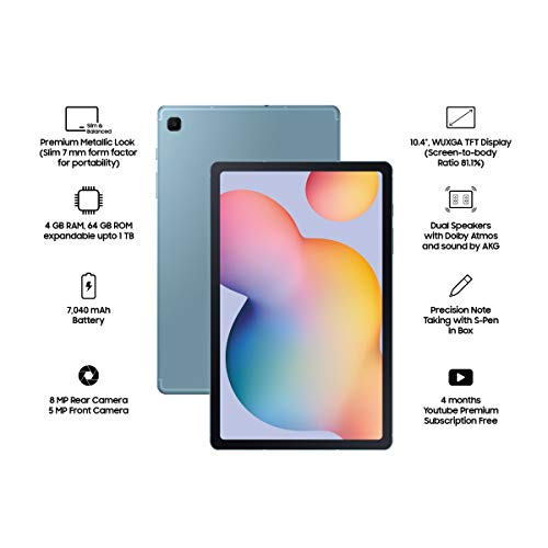 Image of Samsung Galaxy Tab S6 Lite (10.4 inch, RAM 4 GB, ROM 64 GB, Wi-Fi+LTE), Angora Blue + Cover