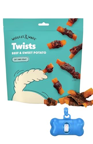 Wiggles & Wags Twists Dog Treats Beef & Sweet Potato Soft and Chewy Grain Free All Natural 16 oz with DN Essentials Waste Bag Dispenser & Roll