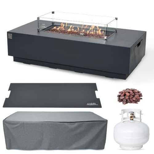 Image of AMS 66 inch Rectangular Concrete Propane Gas Fire Pit Table Bundle, Dark Gray