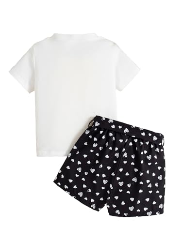 Image of Girl's 2 Pcs Outfits Short Sleeve Graphic T-Shirt Top and Paperbag Waist Shorts Set with Belt
