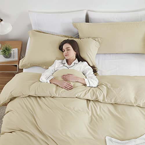 Image of Hearth & Harbor Beige Cream Duvet Cover Full Size, 3 Piece Bedding Set | Soft Double Brushed Bedding Set, Button Closure, 1 Duvet Cover 80x90 Inches, 2 Pillow Shams