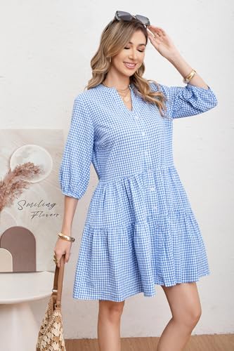 Image of utcoco Women's 2026 Spring Summer Plaid Shirt Dress 3 /4 Puff Sleeve Button Down Loose Casual Midi Dress with Pockets