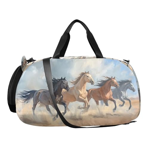 Duffle Bag for Boys or Girls with Shoes Compartment, Wild Horses Running Sports Travel Bag Overnight2