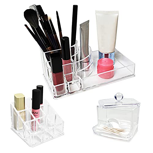 Ikee Design Acrylic 3pcs Lipstick Cosmetic Storage Stand, Makeup Organizer Tray and Qtips Cotton Swabs Storage Case Set for Bathroom, Salon and Bedroom