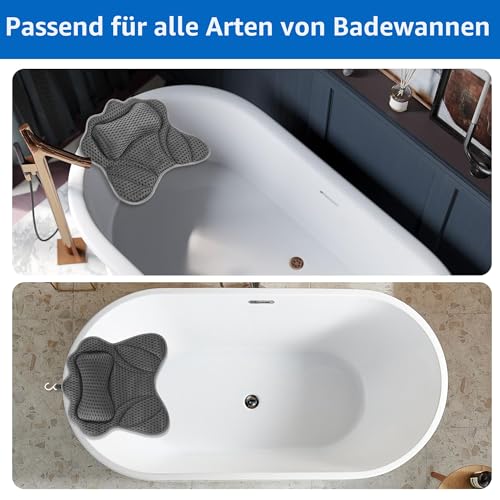 Badewannenkissen,Badekissen Für Badewanne,Kissen Badewanne 4D Mesh mit 6 Saugnäpfeln,Wird verwendet,um zu entspannen,um Nacken,Schultern,Kopf und Rücken zu unterstützen,für Heimspas(Grau)