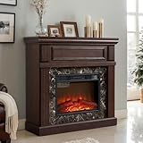 CKEASEAN 42 inch Electric Fireplace with Mantel, Portable Freestanding Wood Stove with Remote Control, 23'' Fireplace Insert Heater,1400W Realistic 3D Flame Stacked Stone Surround