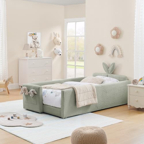 Image of KEIKI Twin Size Upholstered Platform Bed Frame with Guardrail, Slats, Cyan | Boucle Platform Bed with Cute Rabbit Ear Shaped Headboard, Pocket, for Boys and Girls, No Box Spring Required, Easy Assembly