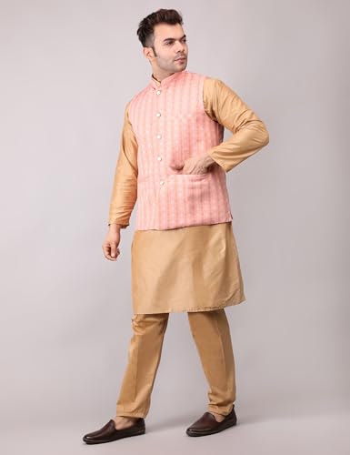 Image of Men's Cotton Silk Blend Regular Kurta Pyjama, Embroidered Nehru Jacket /Waistcoat Set
