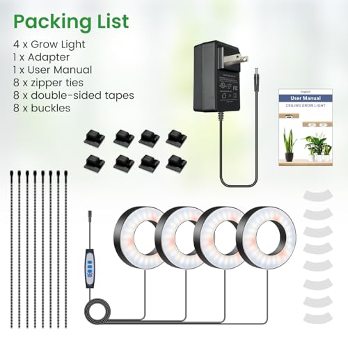 Wiaxulay Grow Lights for Indoor Plants, 192 LED Full Spectrum Plant Lights for Indoor Growing, 12V/2A Under Cabinet Grow Lamp with Auto Timer 6/12/16 Hrs, 3 Lighting Mode, 5 Brightness, Four Head