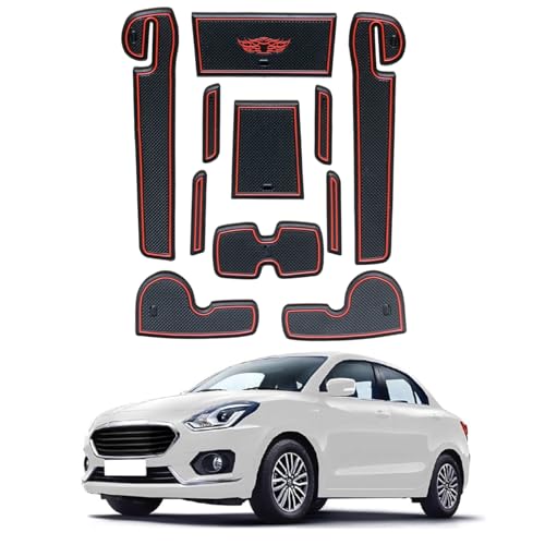 Image of Car Drome | Door Cup Mat Set for Maruti Suzuki Swift Dzire 2018 Onwards | Premium Non-Slip Rubber Inserts | Custom Fit 11 Pieces | Red Trim Interior Car Accessories | Dustproof & Waterproof