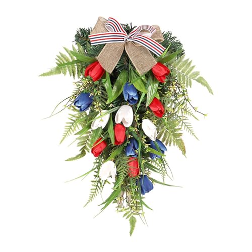 Saiyana Corona festiva de tulipanes artificiales de 50 cm, decoración para colgar en la pared, para celebraciones del Día de la Independencia, materiales