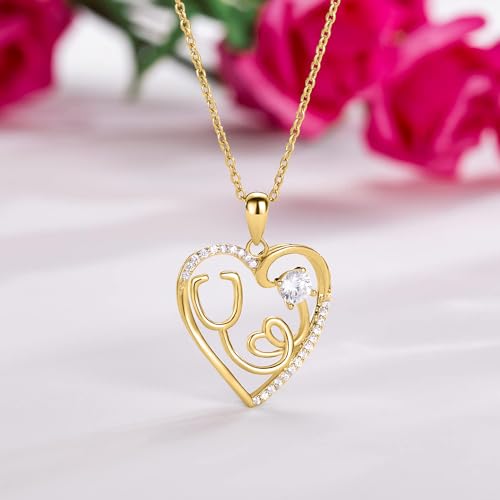 AmorAime 925 Sterling Silver Heart Necklace 14K Gold or Rose Gold Nurse Birthstone Necklace Stethoscope Necklaces for Doctor Medical Student RN for Festival or Holiday4