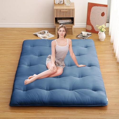 Image of Deevine Craft Quilt Cotton Floor Bed Mattress, Foldable, Rollable Movable Single Bed Comfort Gadda 1 Sleeping Capacity, Navy Blue, 72X30X5 Inches