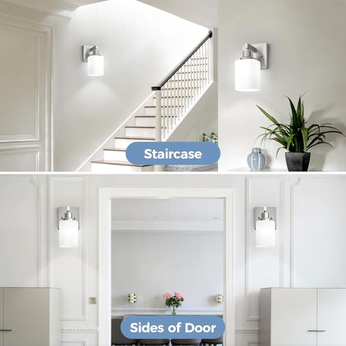 Image of Bathroom Wall Sconces Set of 2,Brushed Nickel Wall Sconce,Vanity Light with Square Frosted Glass Wall Mounted Light Fixture,Farmhouse Wall Lamp for Bedroom Living Room Mirror Hallway