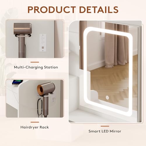 Image of LIVELYGLOW 24 inch White Small Vanity Set with Lighted Mirror & Storage Stool | Smart LED Mirror, Charging Station, Hairdryer Rack, Space-Saving