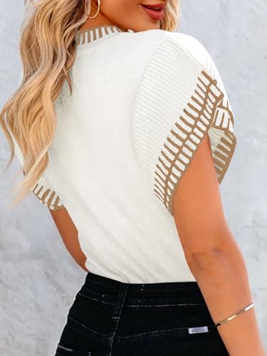 Image of Saodimallsu Womens Short Sleeve Sweater Summer Striped Top Soft Knit Shirts | Ruffle Sleeve,Loose,Crew Neck,Lightweight,Casual,Work,Spring,Womens Tops,Pullover,Fall