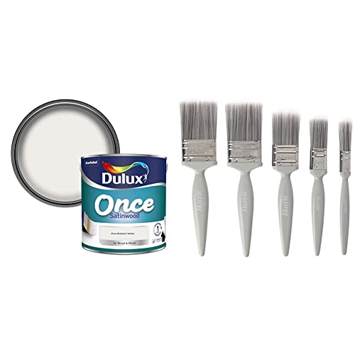 Dulux 5091096 Once Satinwood Paint For Wood And Metal - Pure Brilliant White 2.5L and Harris Essentials Walls & Ceilings Paint Brush Set | Pack of 5 | 0.5, 1, 1.5, 2