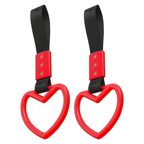 Image of 2PCS Heart Shaped Car Handle Straps, Rear Bumper Warning Keychain Ring Charm for Car Exterior Accessories (Red)