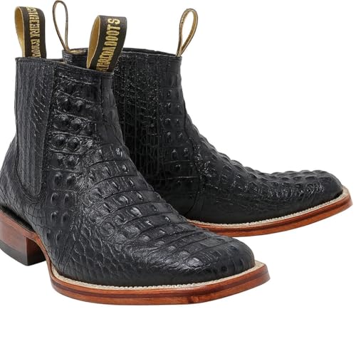 Men’s Genuine Leather Square Toe Embossed Crocodile Caiman Print Short Ankle Cowboy Boots - Black2