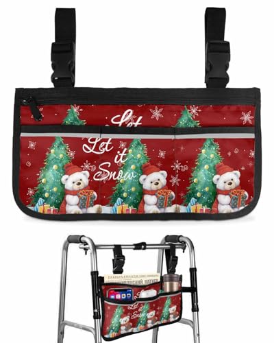 Anzona Red Merry Christmas Wheelchair Side Bag Walker Bag, Rustic Bear Xmas Trees Snowflake Wheelchair Accessories Armrest Pouch, Organizer Storage Bag for Walkers, Rollators, Scooters, 7.3''x13''