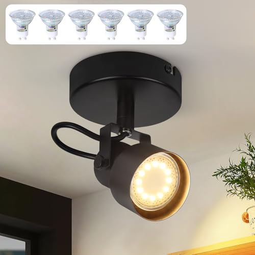 CBJKTX Deckenstrahler 1 Flammig Deckenspot Schwarz mit 6 Stück GU10 Leuchtmittel - Vintage Schwenkbar Deckenleuchte 350° Strahler Deckenlampe Spots Küchenlampe für Wohnzimmer Schlafzimmer Küche Flur