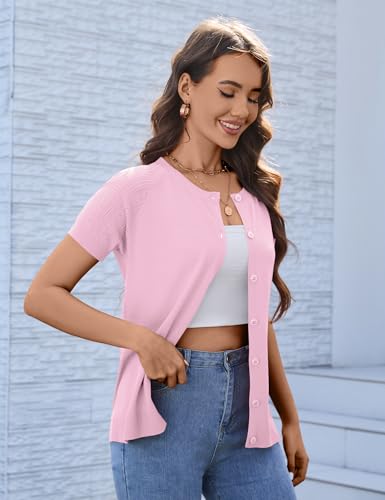 Image of FreshNight Women's 2025 Short Sleeve Cardigan Button Up Hollowed Out Crewneck Shrug Sweaters Knit Sweater Tops Lightweight